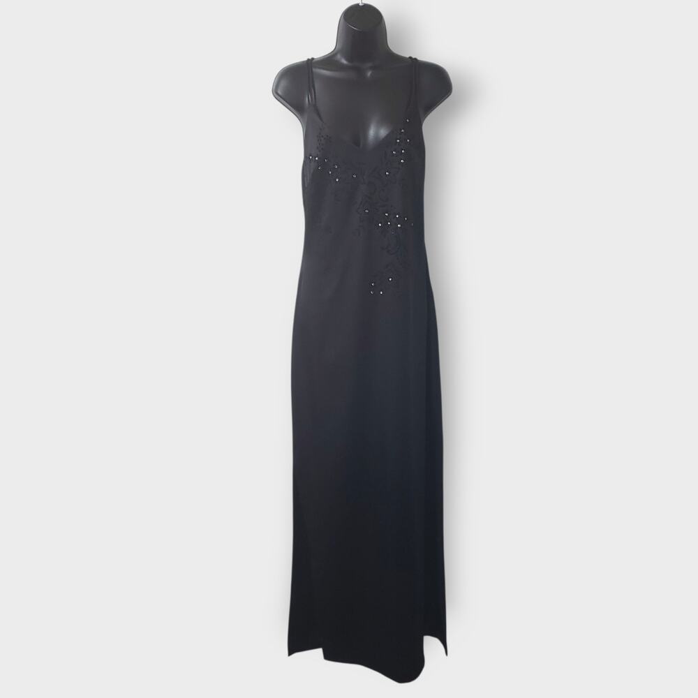 Vtg Rampage Y2K Black Floral Embroidered Rhinestone Maxi Dress Slit Sz 11 Formal
